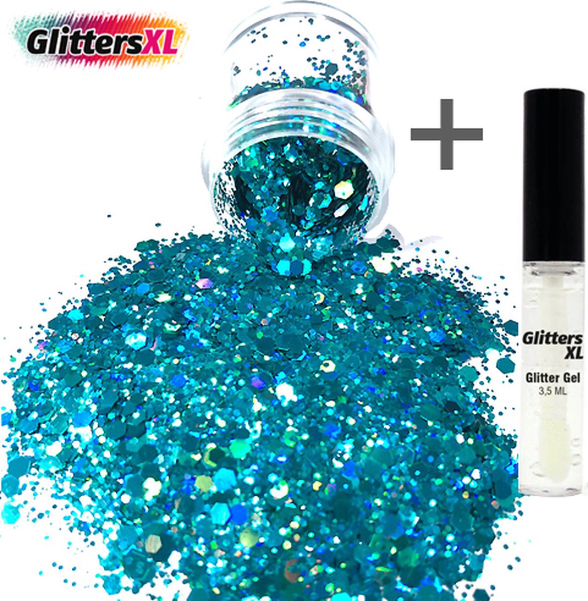 GlittersXL - Chunky Glitters (Turquoise) (Volume 8g) + Glitter Huid Lijm [Festival Makeup Gezicht Lichaam - Face Body Glitter - Biologisch afbreekbaar - Versiering Dames Volwassen Kinderen]